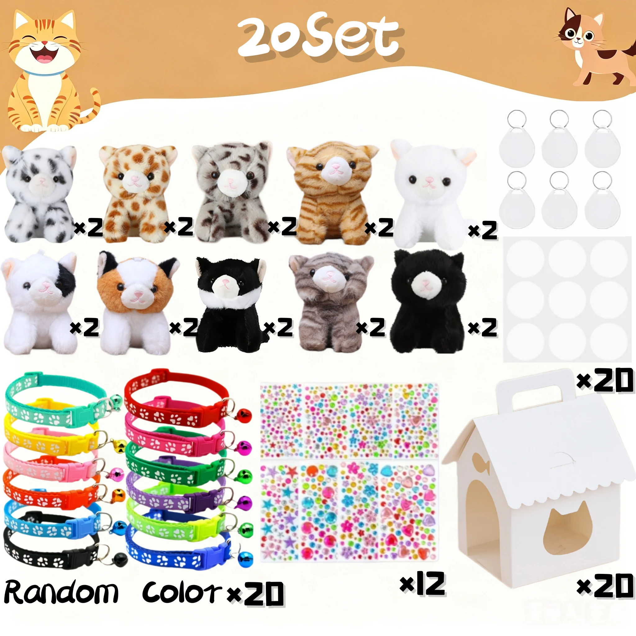 8-32er-Set „Kätzchen adoptieren“-Partygeschenke, Katzen-Stofftiere in Großpackung, verstellbares Halsband, ID-Karte und DIY-Kätzchenhaus für Geburtstags- und Babypartys