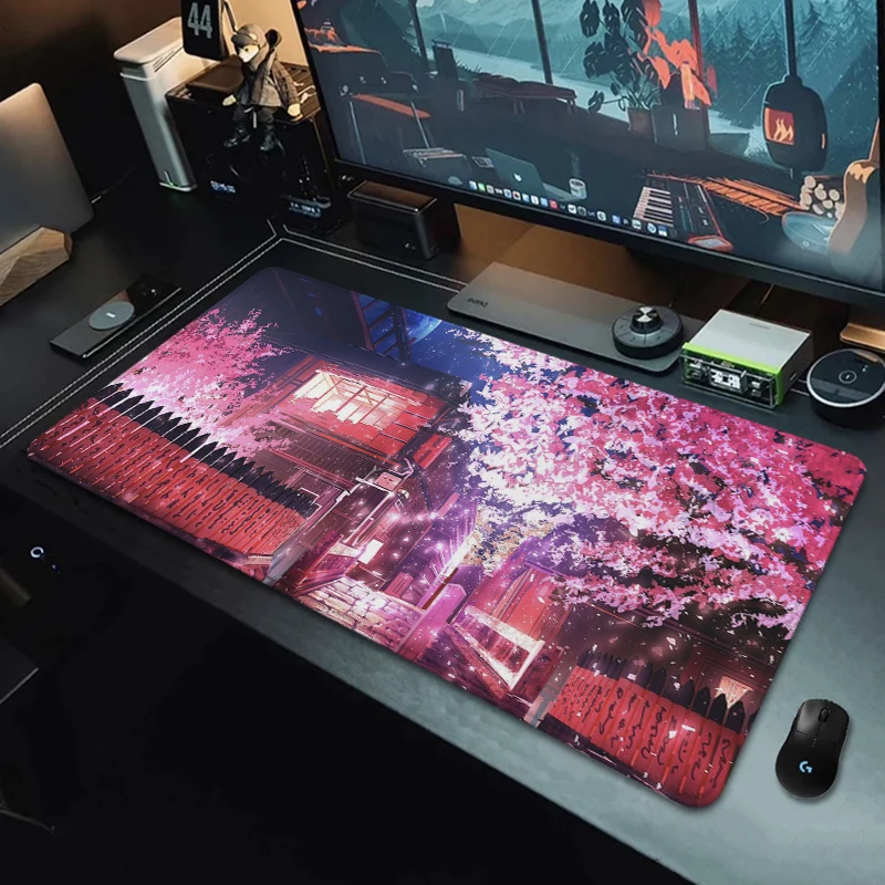 Large Mousepad Sakura Alley Night View Non-slip Summer Table Carpet Mouse Pad Large Desk Mat Edge Stitched PC Gaming Accessory