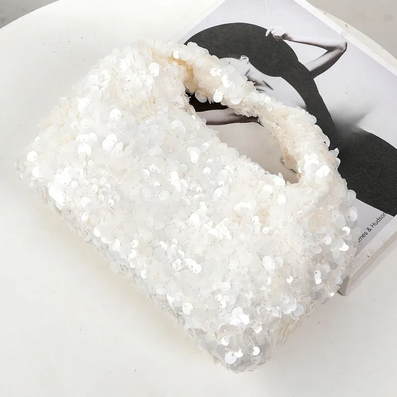 المرأة الأبيض الترتر حقيبة يد لامعة دلو حقيبة أنيقة مساء حقيبة صغيرة لحفل الزفاف رائعة صغيرة حمل الإناث المحفظة #5