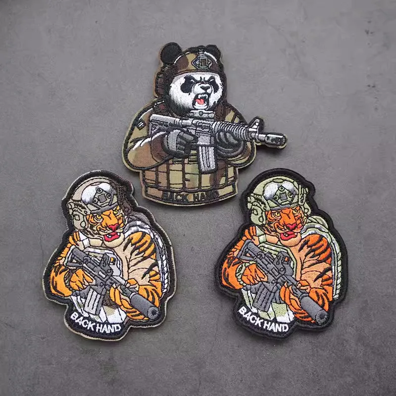 Tactical Panda Embroidery Patch Weapon Tiger Animal Outdoor Tactical Badge  DIY Stickers for Clothing Jacket Vest Decoration