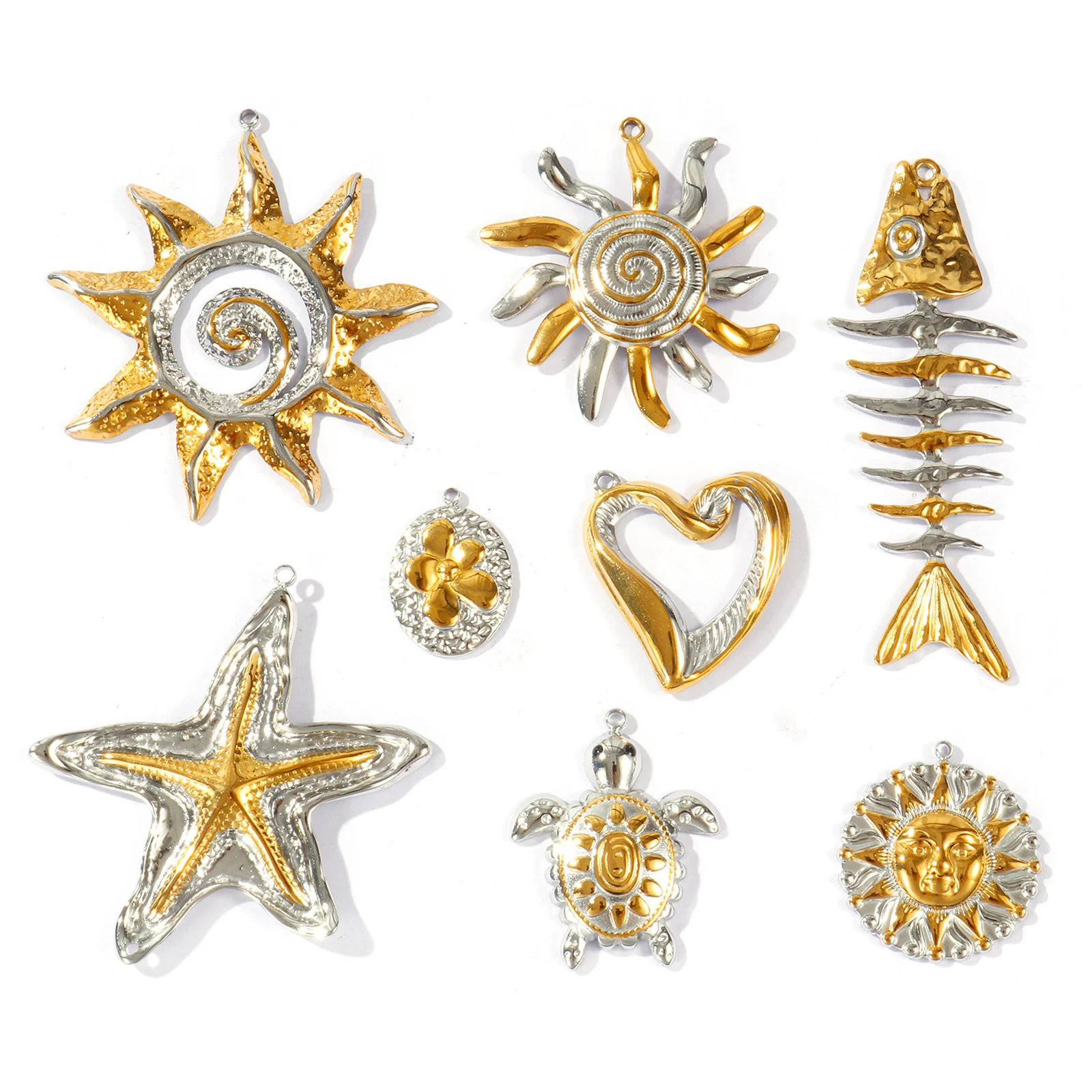 2 PCs 304 Stainless Steel Ocean Charms Starfish Turtle Sun  Flower18K Gold Plated & Silver Tone Two Tone Pendants DIY Necklace