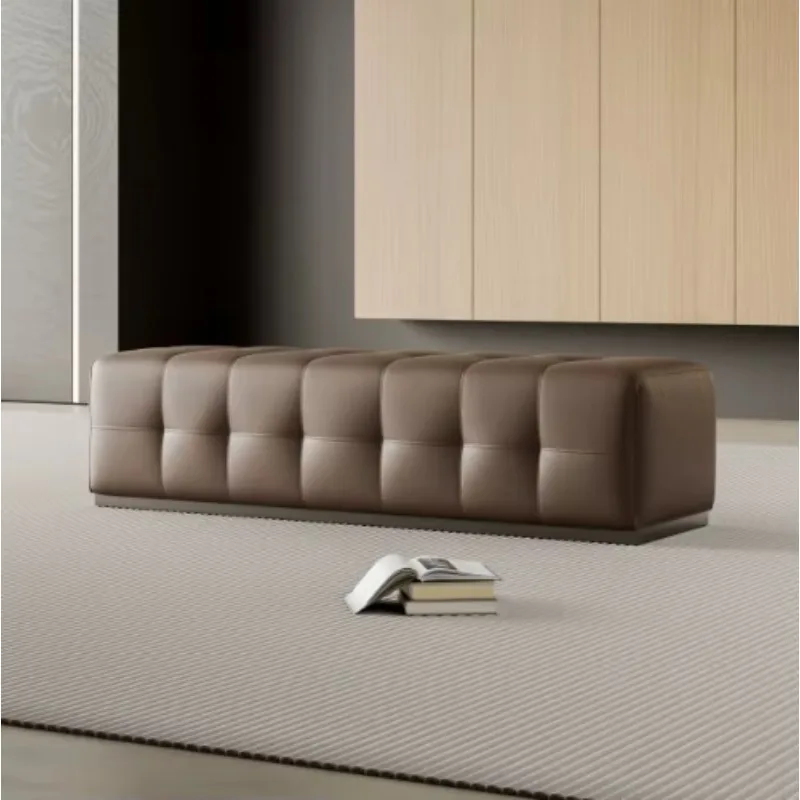 Factory-made genuine leather bed end bench sofa, stainless steel long bench, clothing store cloakroom shoe-changing bench