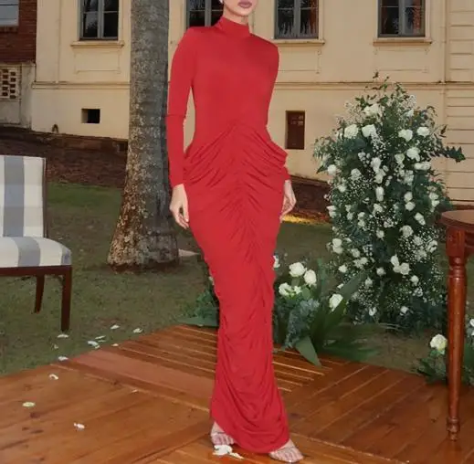 

Autumn and Winter New Women's Fashionable Pleated Patchwork Long Sleeved Sexy Backless Slim Fit Hip Hugging Dress