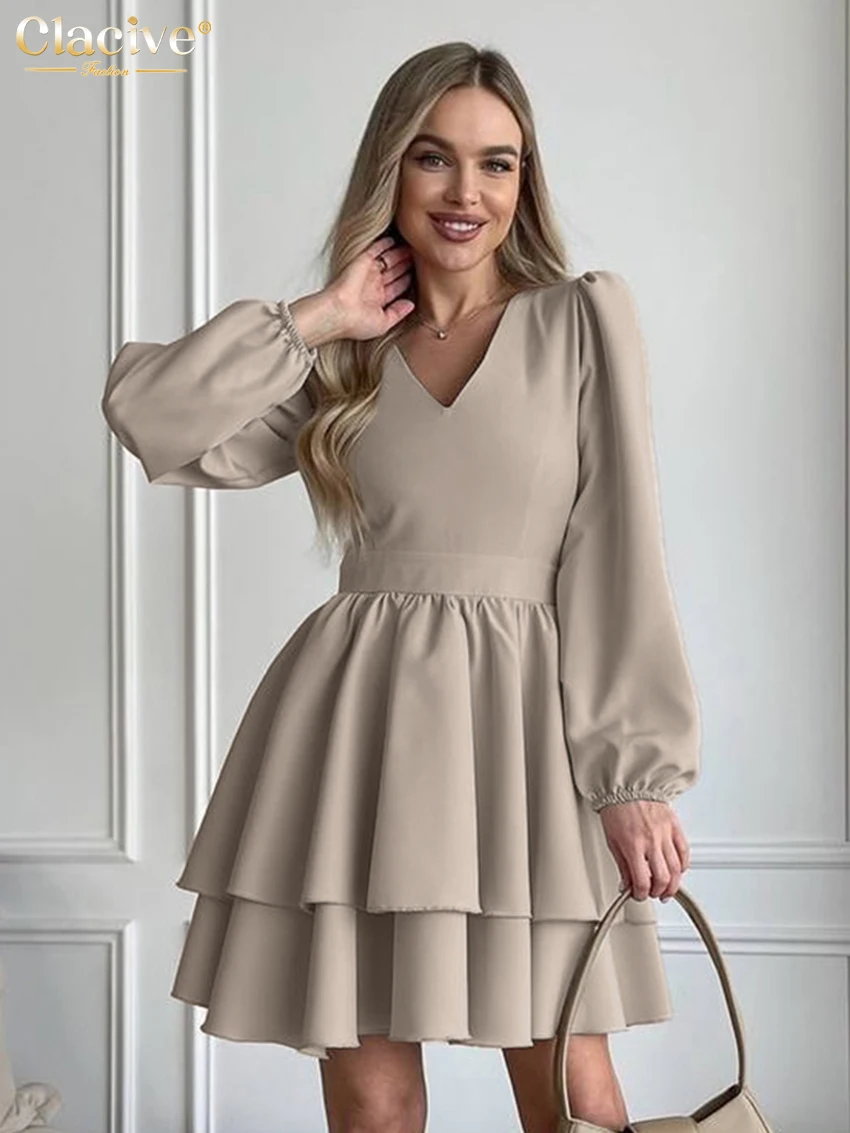 

Clacive Fashion Loose Khaki Women's Dress 2026 Casual V-Neck Long Sleeve Mini Dresses Elegant Classic Pleated Female Dress