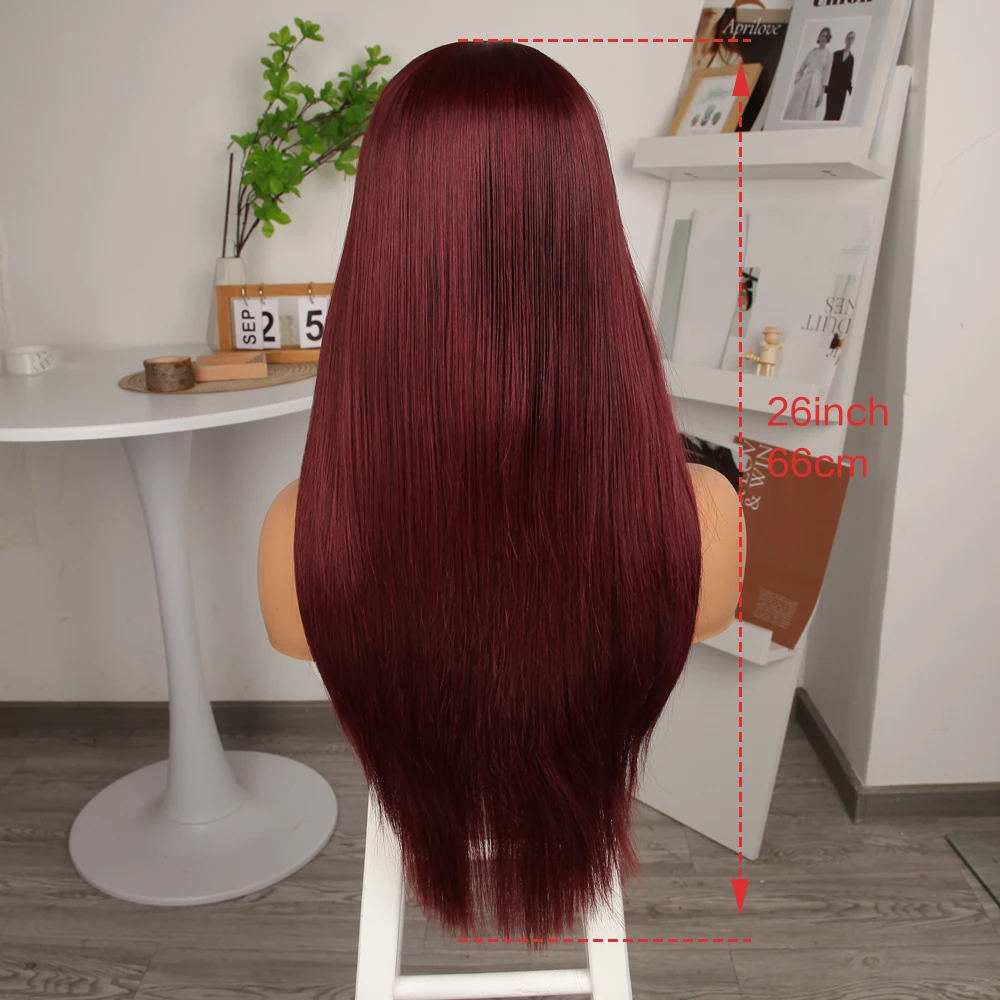 13*4 Lace Front 26inch Synthetic Wig Long Natural Straight Wigs Wine Red  For Black Women High Quality heat-resistant fiber