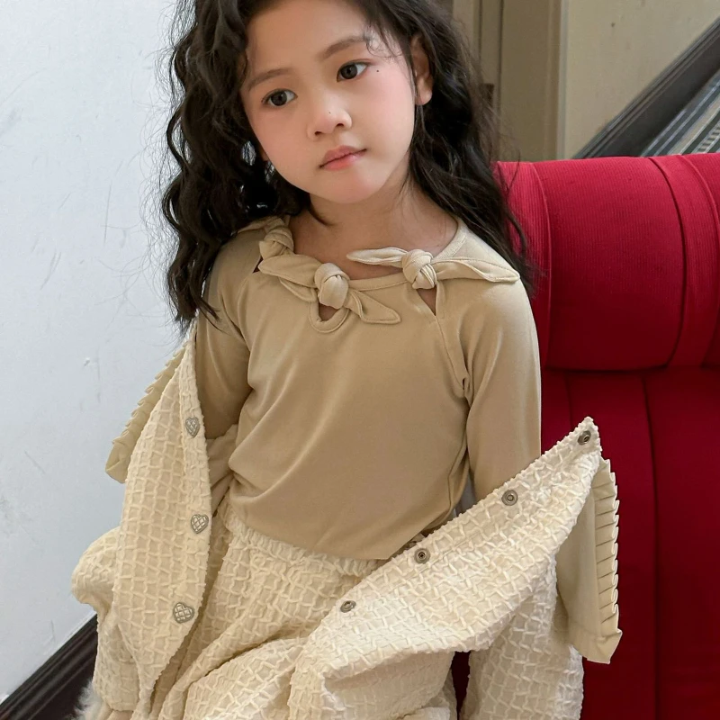 

Girl Shirt Top 2024 Korean Western Multicolor Long Sleeve Base Sweet Bow Round Neck Cute Tide Comfortable