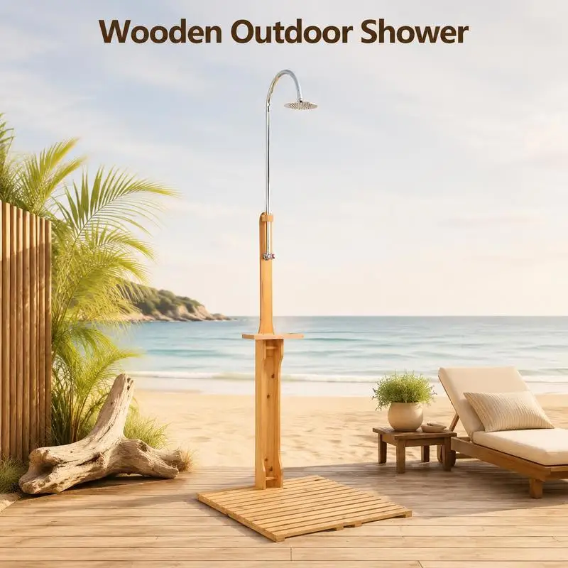 Douche extérieure en teck naturel, douchette de jardin avec repose-pieds, pour patio, piscine, cour, couleur naturelle, résistante aux intempéries pour jardin, patio, maison de plage