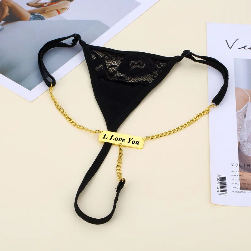 Personalized Thongs with Waist Body Chain Custom Name Pendant Stainless Steel Belly Chain G String Sexy Lingerie Thong Underwear