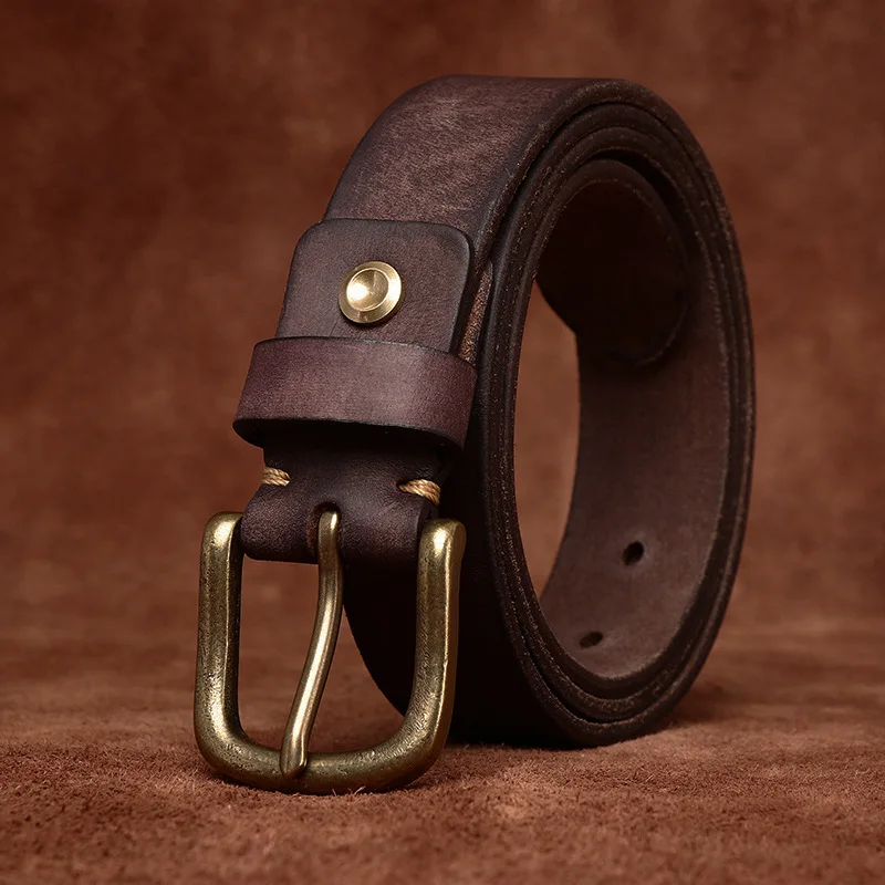 Ceinture en Cuir Ciré Vintage pour Homme, Large de 3.3cm, Délavé, Première Couche, Boucle à Aiguille, Denim Décontracté