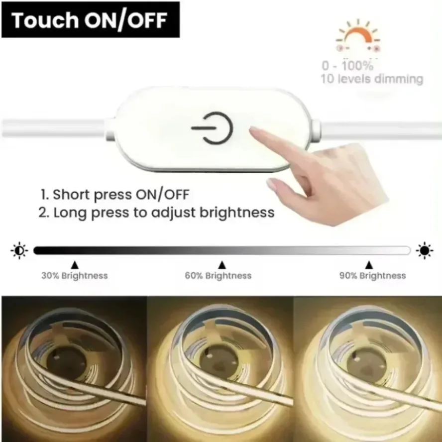 Dimmable 5V USB 5m COB LED Strip Light with Hand Scan Dimmable Touch Sensor Switch Push Switch Room TV Background Decoration