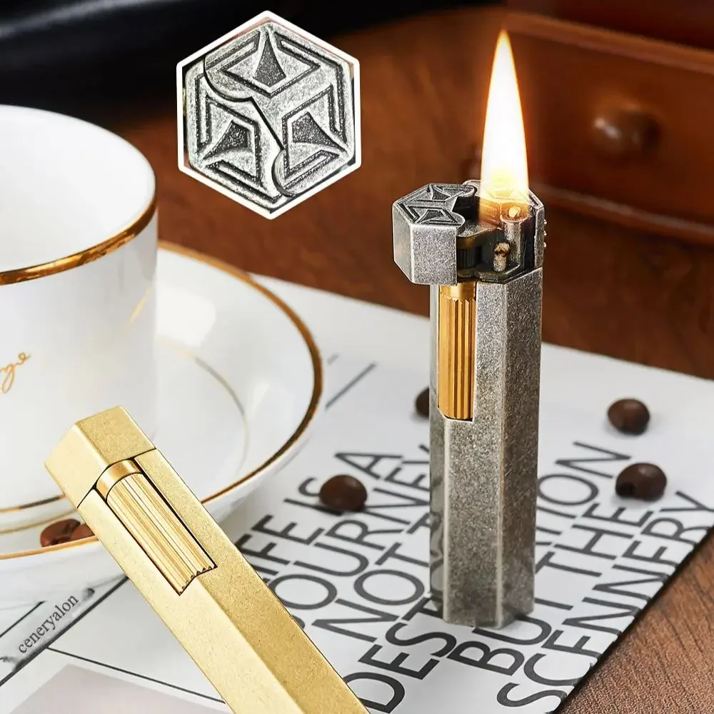 

New Design Retro Mechanical Kerosiene Lighter Hexagonal Side Pulley Grinding Wheel Windproof Lighter Men's Gift