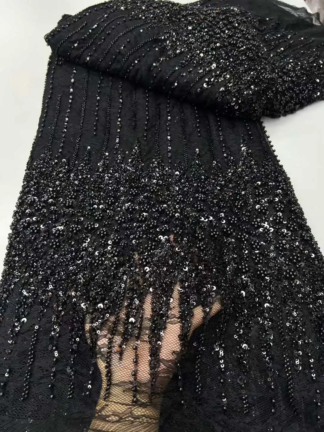 

African Heavy Beaded Lace Fabric, Nigerian Sequins Groom Fabric, Wedding Party Dress, High Quality, 5 Yards, 2025
