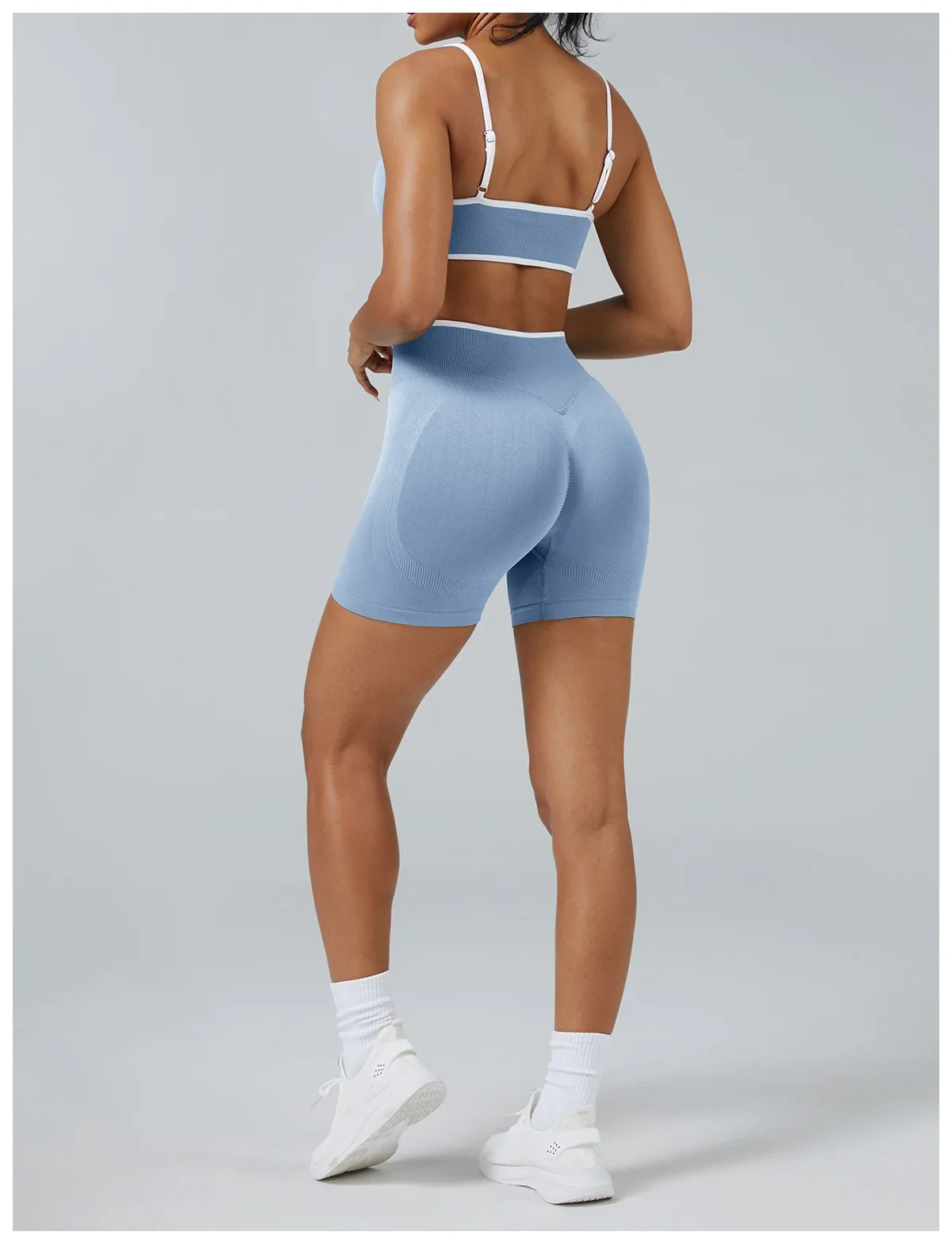 Farbblock-Sport-Yoga-Shorts Nahtlose Hochgeschnittene Sporttights Lauf- und Fitnesshosen Atmungsaktive Schnelltrocknende Sportbekleidung – Detail 4