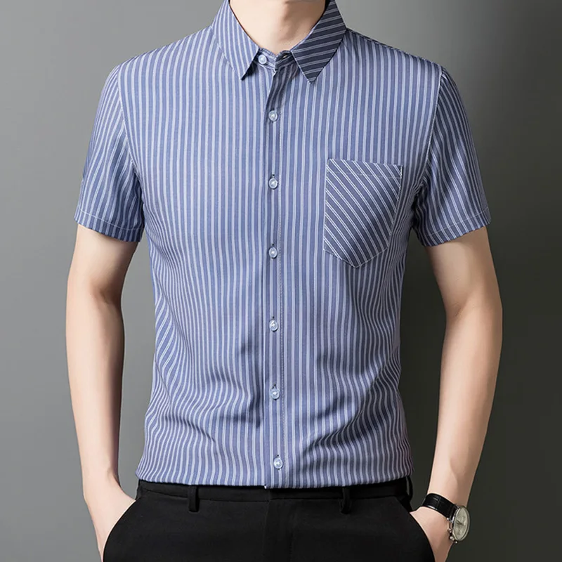 

Summer New Handsome Chest Pocket Men's Short Sleeve Striped Shirts