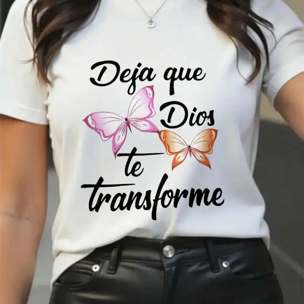 Women s Tops Spanish Christian Faith Long Shirt - Spanish Text And Butterfly Print Short Sleeve Shirt, Soft Stretch Fabric, Round Neck Casual Chu