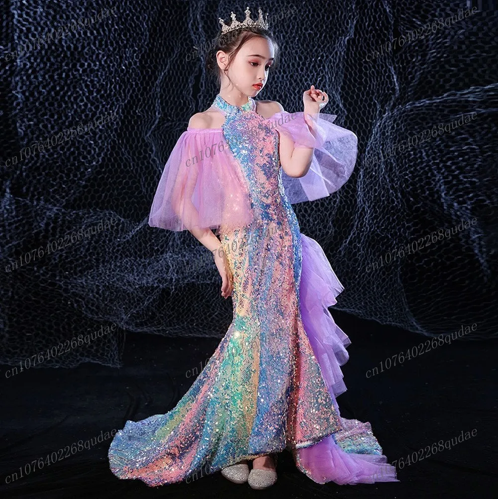 New Purple Mermaid Princess Special Occasion Sequin Flower Girl Dress Wedding Pary Prom Birthday Baby Child Kid Pageant Gown
