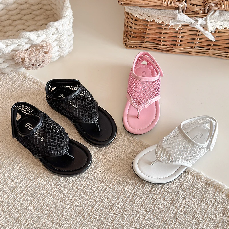 Spring Boys Girl's Flip Flop Sandals Mesh Hook-loop Breathable Chic Kid's Flat Shoe Solid Colors Anti-slip Casual Children Shoes