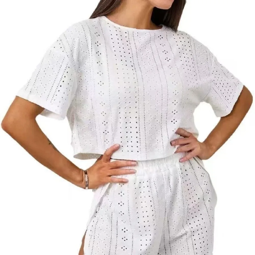 Summer Womens Pajamas Set Short Sleeve Shorts Lounge Wear Breathable Hollow Out Casual Sleepwear Cozy Home Clothing Suit