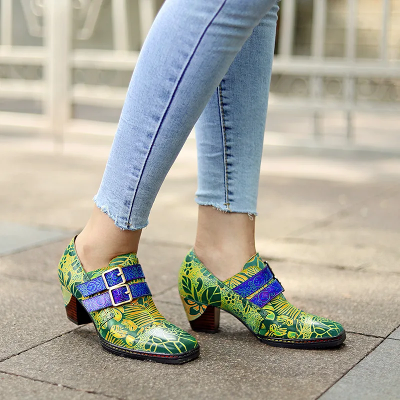 Hand Painted Print Women Shoes Retro Style Leather Ladies Boots Square Head Brand Design High Heels Fashion Ethnic Style Pumps