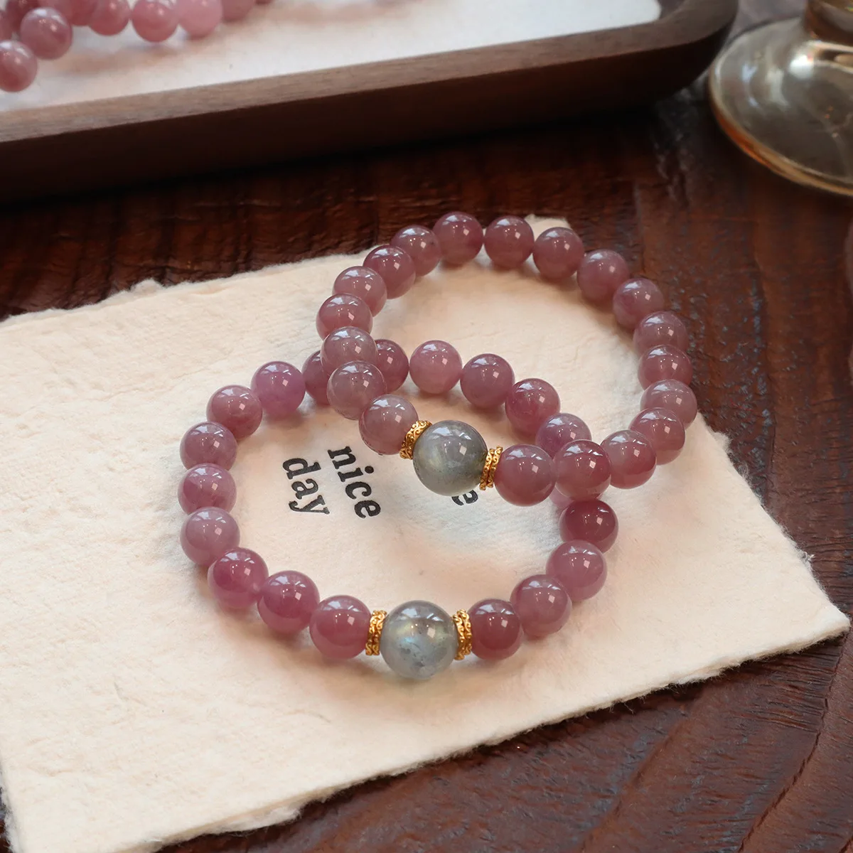 

10MM Natural Purple Pink Rose Quartz Beaded Strand Bracelet for Women Gray Moonstone Charm Original Design Luxury Fine Jewelry