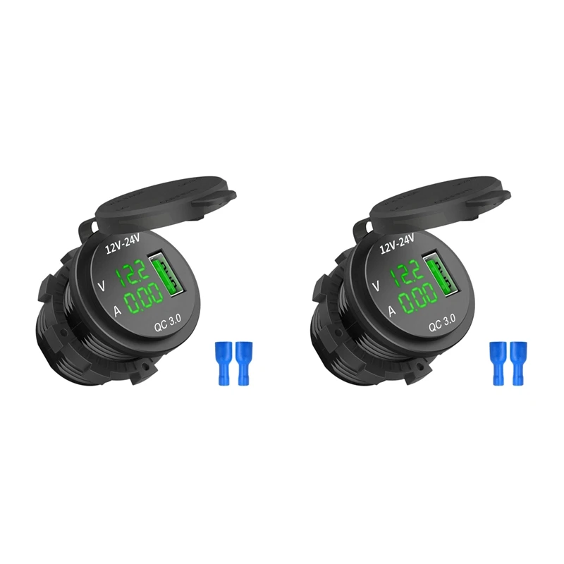 2X 12V / 24V Fast Charging 3.0 Car Cigarette Lighter Socket USB Charger LED Voltmeter Ammeter Black & Green