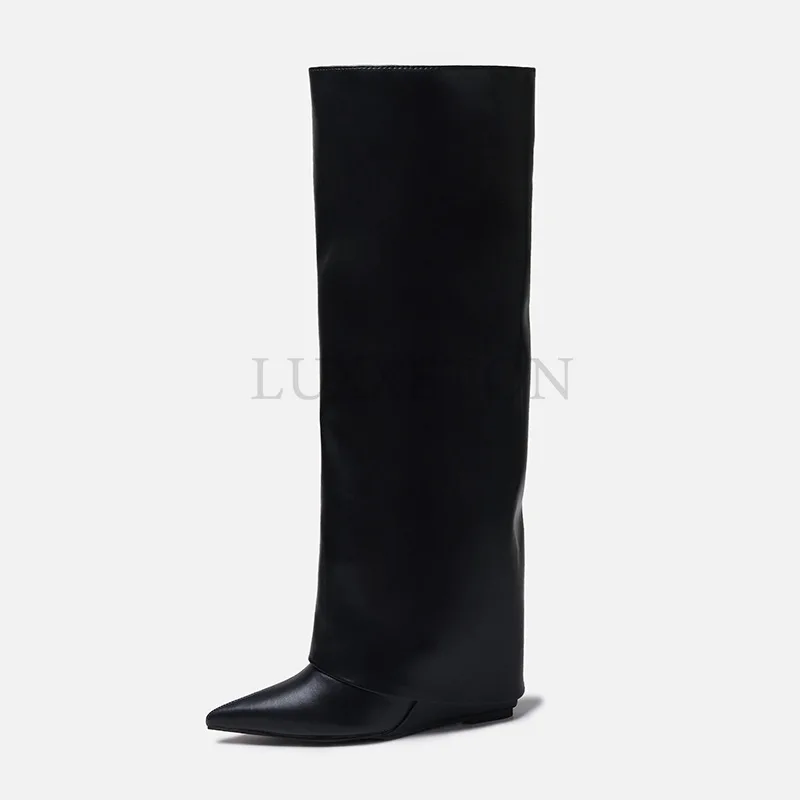 Autumn and Winter  New European and N Niche Trouser Boots Pointy Black But Lacquered Boots Female High-heeled  Knight  Boots