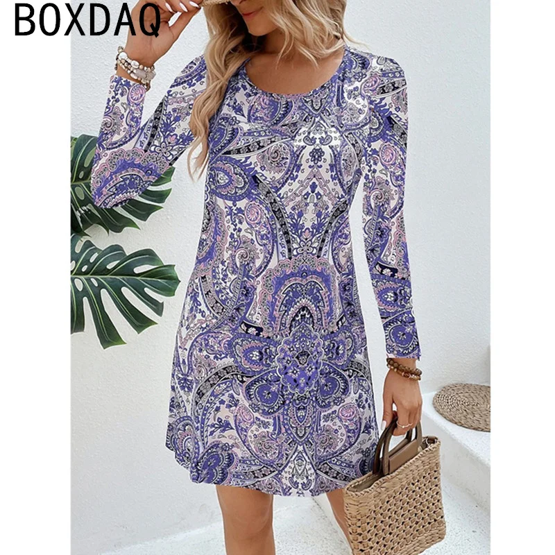 Fashion Streetwear Outdoor Casual Dress Big Size 3XL Women Autumn Long Sleeve O-Neck A-Line Dress emale 3D Vintage Printed Dress