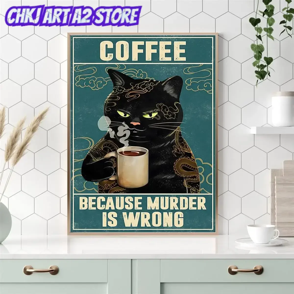 1pc Canvas Painting Retro Cat Coffee Vintage Kitchen Signs Wall Decor Because Murder Is Wrong Funny Decor Art Poster No Frame
