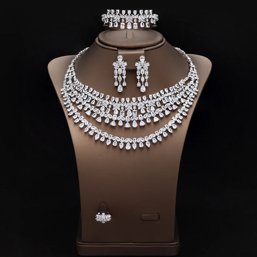 Luxury AAA Cubic Zirconia Multi Layer Necklace Earrings Bracelet Ring Women Wedding Bridal Statement Jewelry Set Christmas Gift
