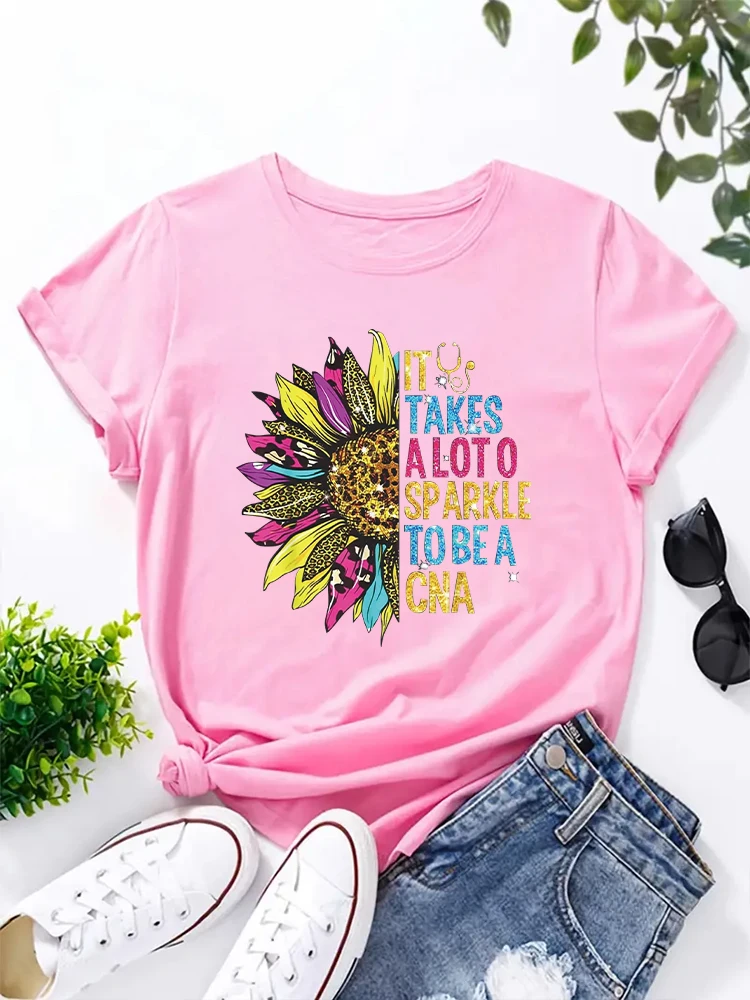 It Takes A Lot Of Sparkle To Be A CNA Sunflower Hippie T Shirt Women's Round Neck Short Sleeved Top Summer