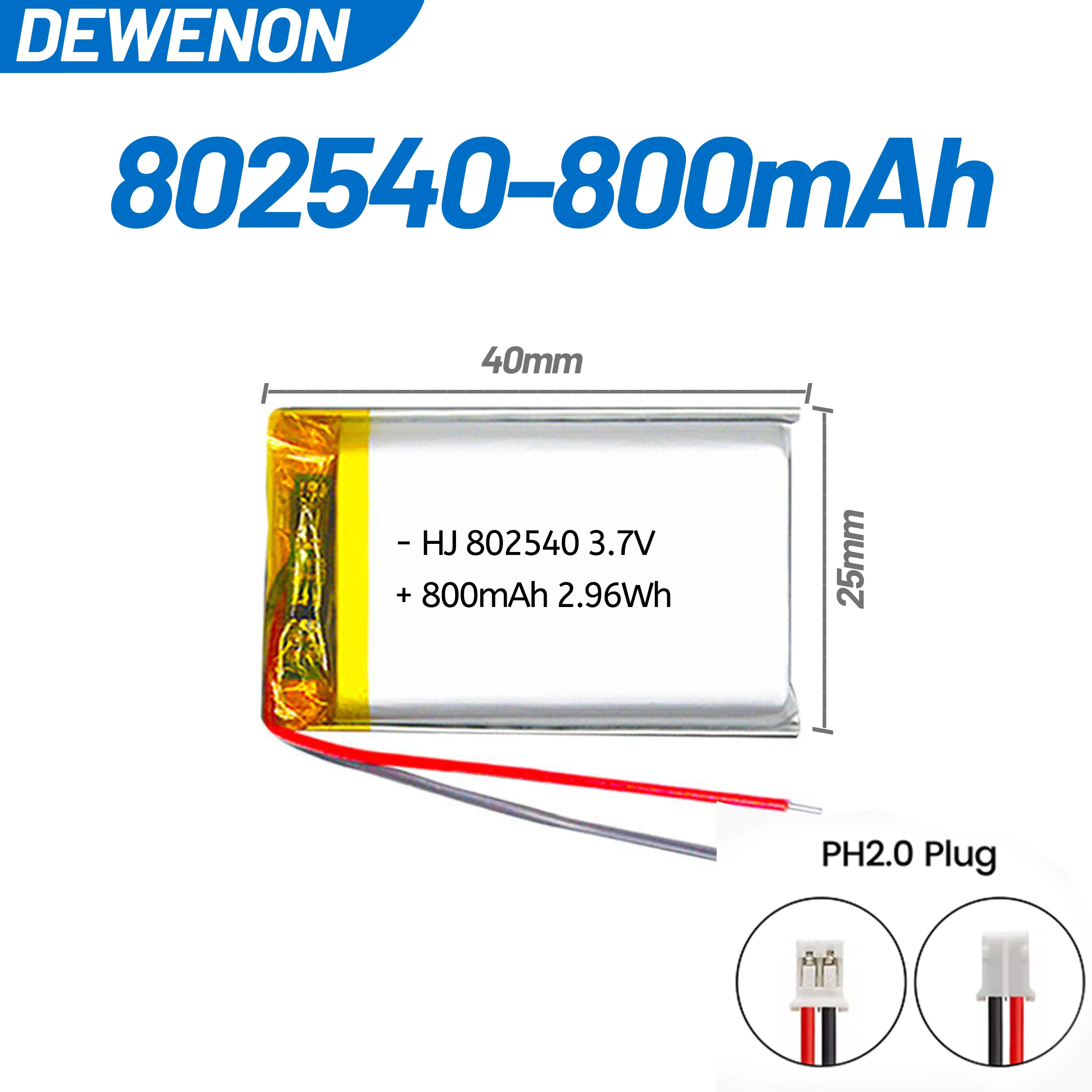 

3.7 800mAh 802540 Li-Polymer Rechargeable Battery PH2.0/XH2.54 Plug 082540 Battery forPet GPS tracking collar electronic thermom
