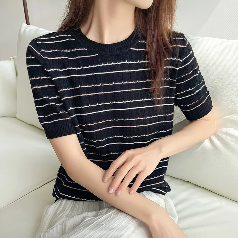 2025 Neues Gestreiftes Strick-Kurzarm-T-Shirt Damen-Oberteil Sommer Dünn 100% Baumwolle Stylisches Kurzes Basis-Shirt