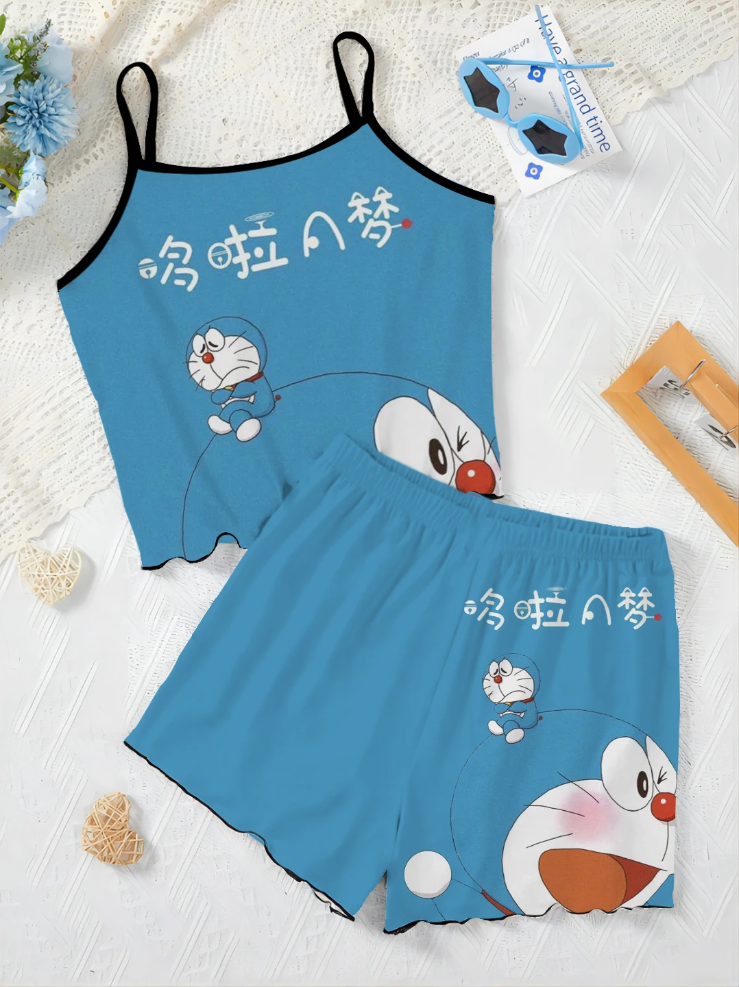 Lettuce Trim Slip Dress T-shirt Short Sets for Women 2 Pieces Vacation Outfits Woman 2024 Pajama Skirt Doraemon Top Women's Suit