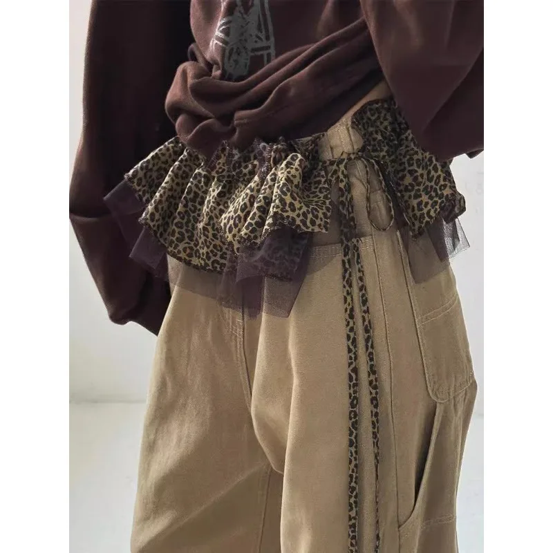 2025 nuevos accesorios de ropa estampado de leopardo con cordones gasa apilada cinturón de abrigo con sello de cintura corta para mujer