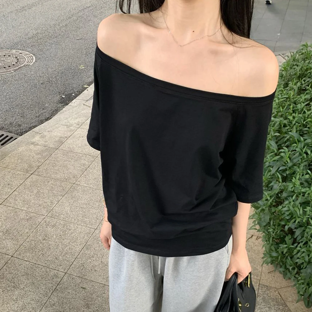Women\\\'s Summer Casual Shirt with Off Shoulder Style and Short Sleeves Stretch Fabric Suitable for Everyday Wear