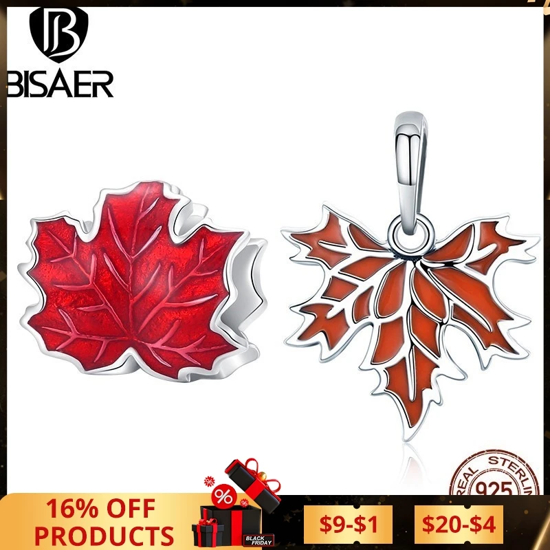 BISAER 100% 925 Sterling Silver Maple Leaf Charm Bead Red Pendant Fit Passionate Women DIY Necklace Bracelet Fine Jewelry Making