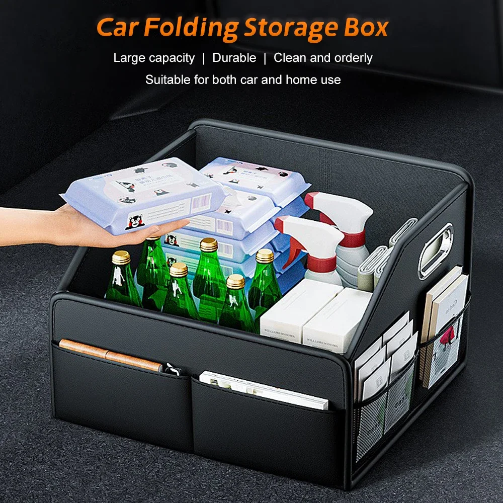 Premium Leather Foldable Car Trunk Organizer Waterproof Universal Storage Box for SUVs Sedans Trucks 22.5L Capacity