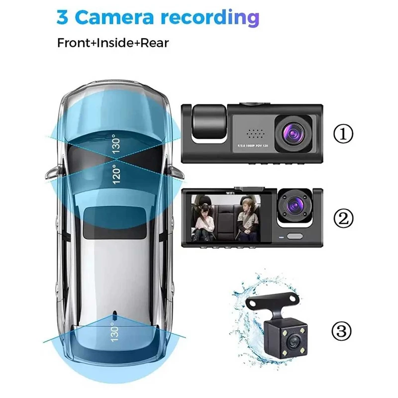 HD 1080P+WIFI Loop Video Car Camera 3 Lens Car Recorder Wireless Wifi Mobile Connected Car DVR Car Spare Parts Accessories Parts