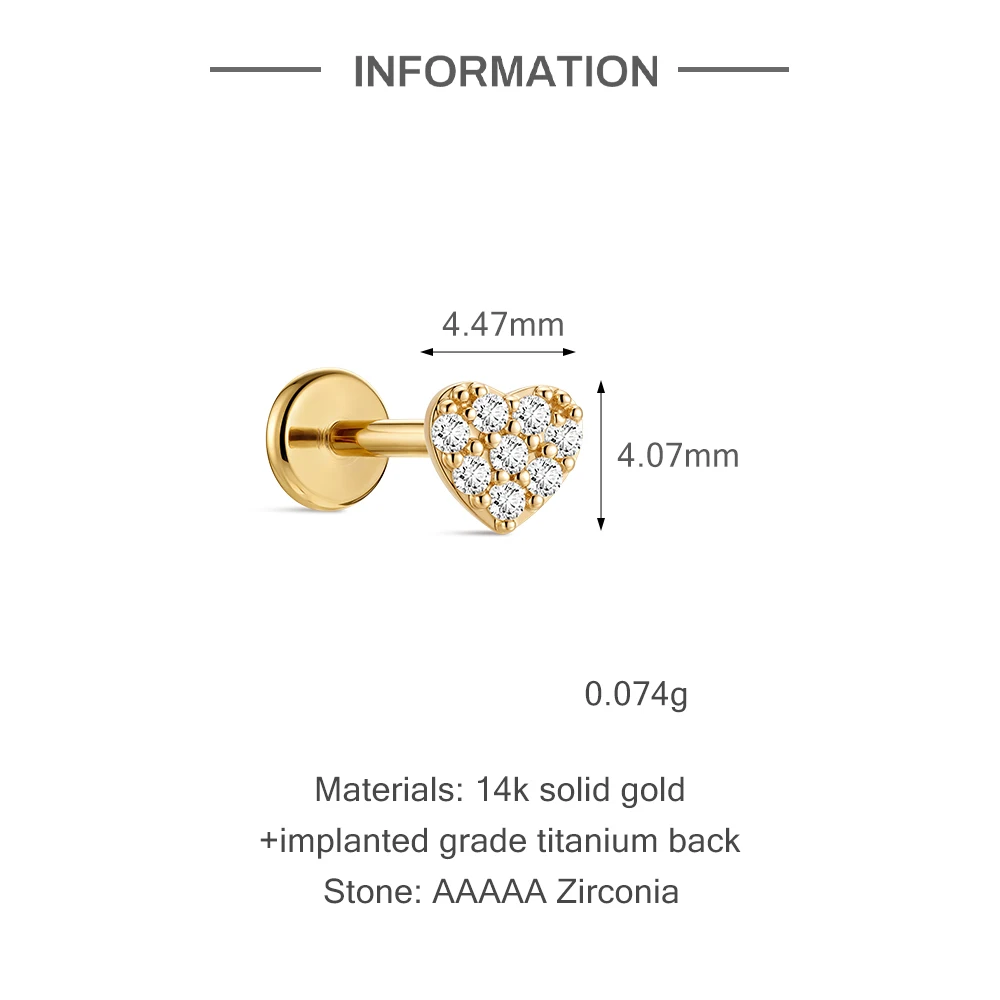 Aide 14K Solid Gold G23 Titanium Flat Back Heart CZ Piercing Earring For Women Hypoallergenic Stackable Helix Tragus Body Jewel