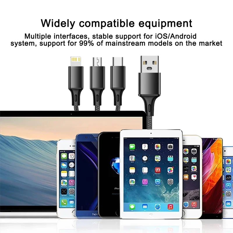 3 In 1 Fast Charging Cable For Xiaomi iPhone Poco Micro USB Type C Charger Cable Cord Multi Port Multiple Usb Charging Wire Line