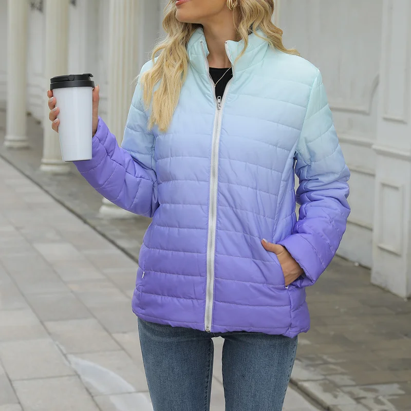 Women Elegant Long Sleeve Gradient Streetwear Thick Jackets New Fashion Winter Zipper Jacket Casual Slim Warm Padded Coats 2023