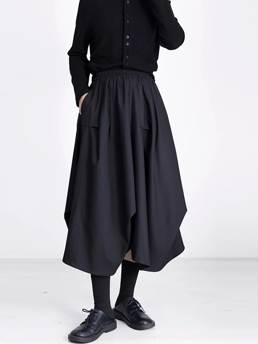 Dark Style Pleated A-Line  Skirt Women's Lazy Autumn Skirt High Waist Midi Skirt Black Dress Casual Commute Style