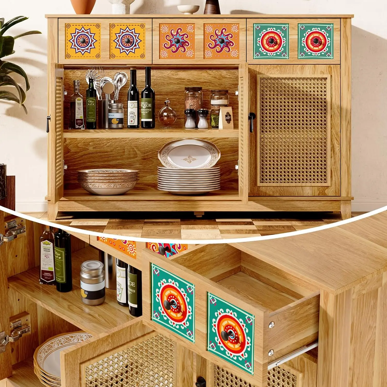 Sideboard Buffet Rattan Cabinet With Storage, Boho Accent Credenza Storage Cabinet With 3 Decorated Doors And 3 Drawers,