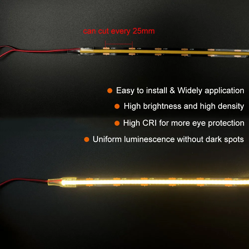 Tira de luces LED COB de 12V, placa PCB negra, 320LEDs/m, cinta de luz LED RA90 de alta densidad para decoración de iluminación para el hogar y la