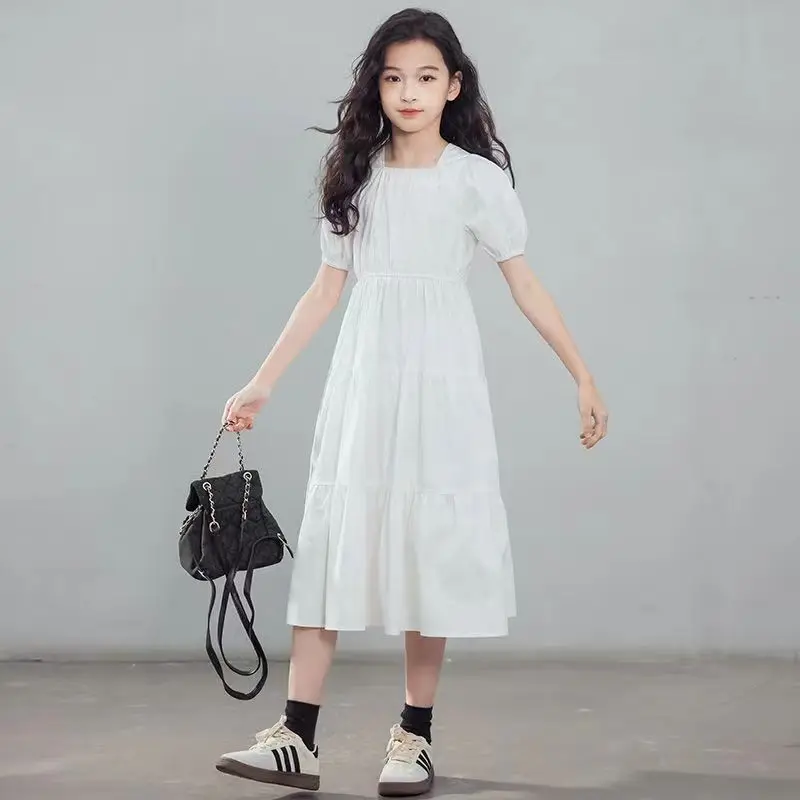 2024 new summer princess white black dress boat neckline short sleeve backless kids children Ruffle teens 5 6 8 9 10 11 12 years