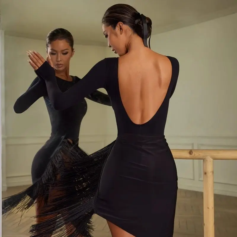 

Черное боди с открытой спиной и длинными рукавами для взрослых, женское платье для латинских танцев, купальник для женщин, одежда для выступлений, ча-ча, самба, румба