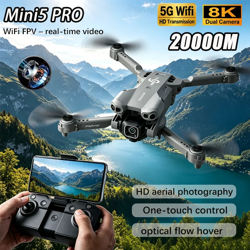 2026 Upgrade Mini 5 Pro RC Drone 8K Dual Camera WiFi FPV Optical Flow Hover RC Quadcopter Aircraft For Aerial Photography Hobby