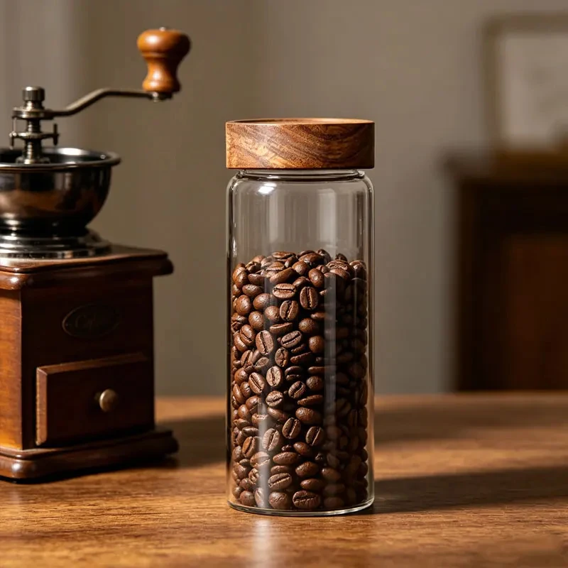 Storage Tank Sealed Jar Household Storage Bottle Wooden Covered Glass Bottle Glass Coffee Bean Storage Tank Food Storage Bottles