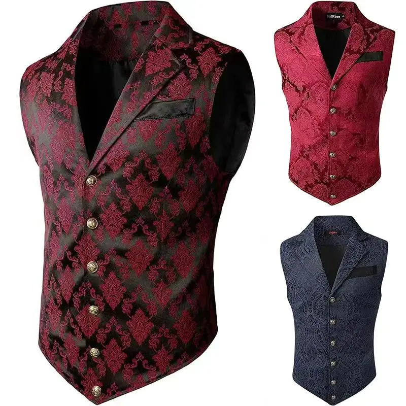 Men Victorian Floral Jacquard Waistcoat Lapel Single Breasted Slim Fit Suit Vest Formal Wedding Party Business Tops Multi Colors