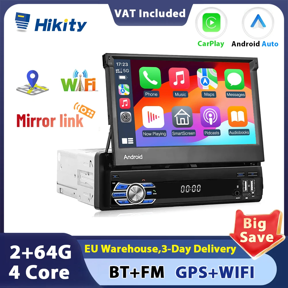 Hikity 2+64G Android Car Radio carplay Autoradio 1Din 7'' Touch Screen Car Multimedia Player GPS Navigation Wifi Auto Bluetooth